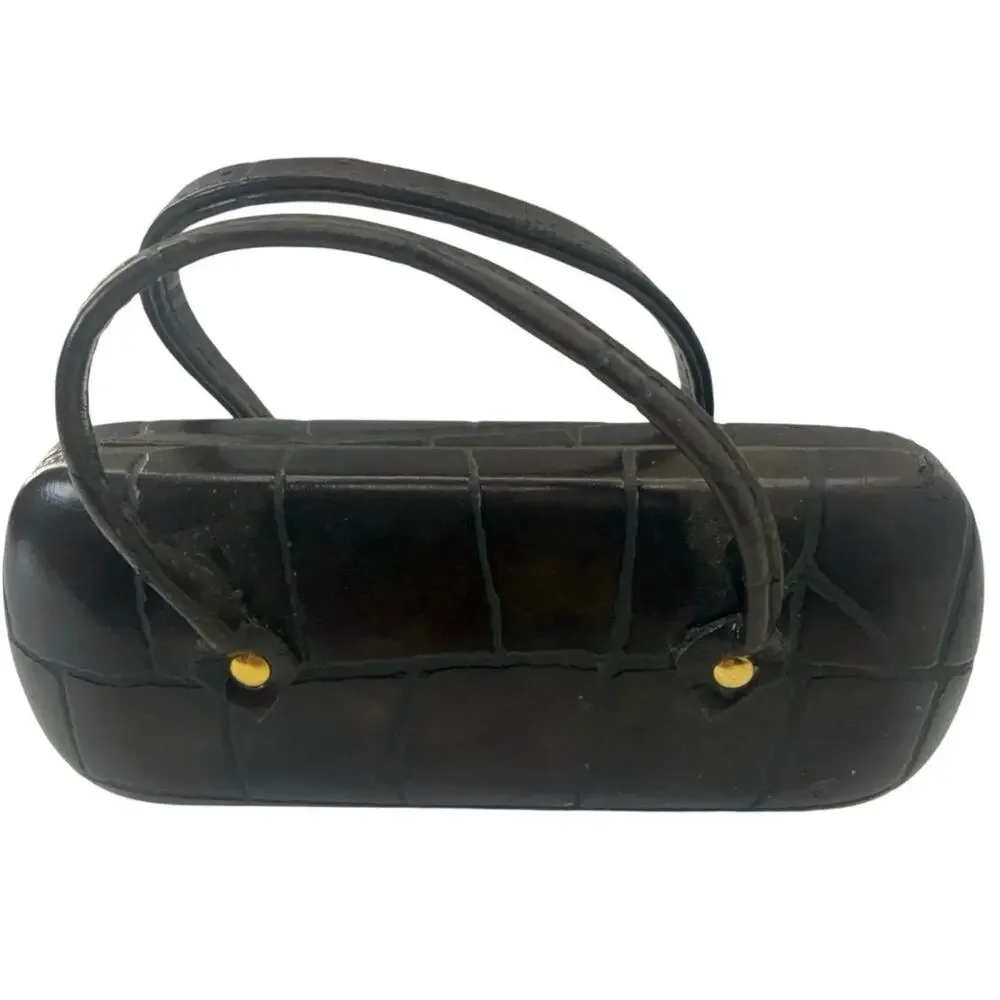 Vintage 70s Purse Style Eyeglasses Case Black Faux Croc Hard Shell w Handles